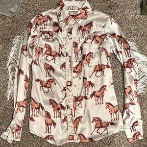 Small rock and roll denim Western Horse Print Fringe Shirt
